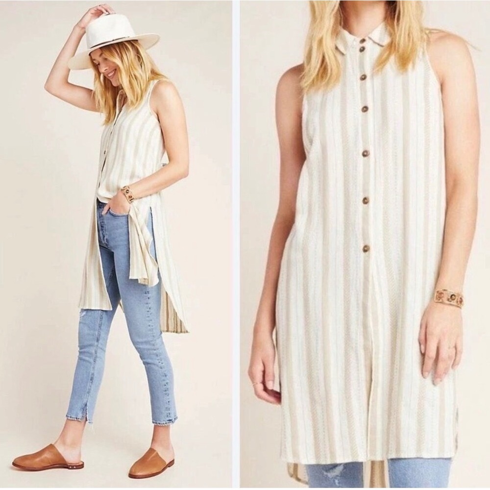 Anthropologie Cream Striped Delphine Tunic Dress Women's Small Sleeveless